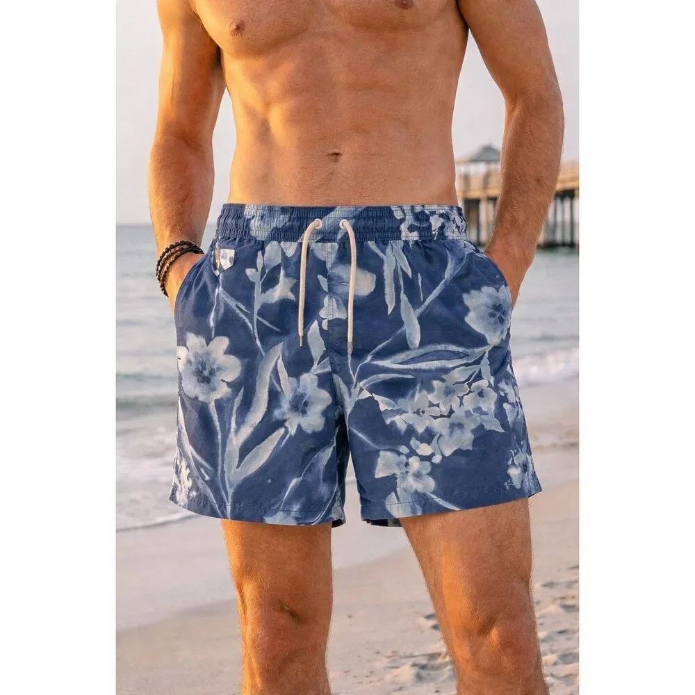 Polo Ralph Lauren Blue Floral Swim Trunks Men Large Mesh Lined Drawstring